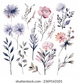 Set of handpainted grey watercolor vector flowers and leaves. Design element for wedding, congratulation card. Perfect floral elements for save the date card.