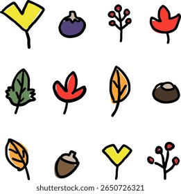 Set of hand-painted motifs of autumn leaves and nuts