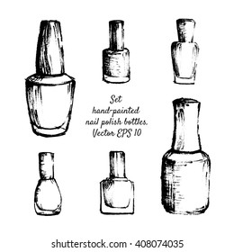 Set hand-painted nail polish bottles. Isolated ink sketches on white background. Vector design template for web and print products: banners, gift or discount cards, vouchers, certificate, advertising.