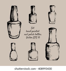 Set hand-painted nail polish bottles. Isolated ink sketches on kraft background. Vector design template for web and print products: banners, gift or discount cards, vouchers, certificate, advertising.