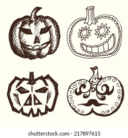 Set hand-painted pumpkins for Halloween.