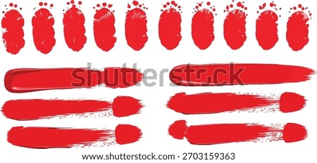 A set of hand-painted red brush strokes and fingerprints. Different shapes and textures of acrylic or gouache paint smears on a clean white background, isolated.