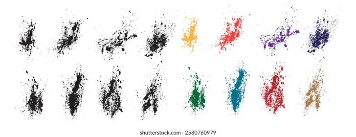 Set of hand-painted red, orange, green, purple, and black color blood vector bloodstain splatter background. Ink paint colorful blood splatter vector background set