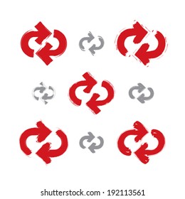 Set of hand-painted red update signs isolated on white background, collection of simple reuse icon created with real hand-drawn ink brush, scanned and vectorized. Refresh symbol.