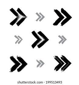 Set of hand-painted rewind signs isolated on white background, simple monochrome rewind icons created with real hand-drawn ink brush scanned and vectorized.