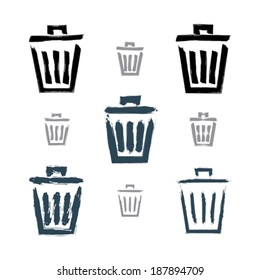 Set of hand-painted simple vector trash can icons isolated on white background, collection of monochrome dustbin symbols created with real hand-drawn ink brush scanned and vectorized. 