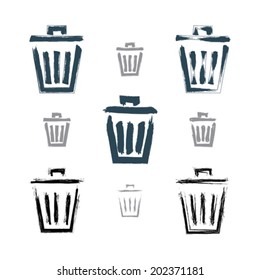 Set of hand-painted simple vector trash can icons isolated on white background, collection of monochrome dustbin symbols created with real hand-drawn ink brush scanned and vectorized. 