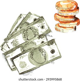 set hand-painted watercolor - dollars five pieces , in denominations of one hundred dollars , and a stack of coins
