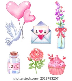 A set of hand-painted watercolor elements collection related to love and Valentine’s Day.