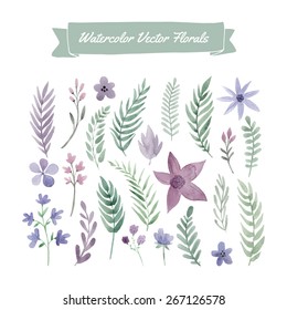 Set of handpainted watercolor vector flowers and leaves. Design element for summer wedding, spring congratulation card. Perfect floral elements for save the date card. 