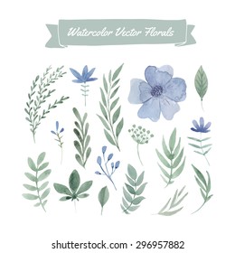 Set of handpainted watercolor vector flowers and leaves.Design element for summer wedding, spring congratulation card. Perfect floral elements for save the date card. Unique artwork for your design. 
