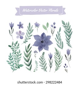 Set of handpainted watercolor vector flowers and leaves. Design element for summer wedding, spring congratulation card.Perfect floral elements for save the date card. Unique artwork for your design. 
