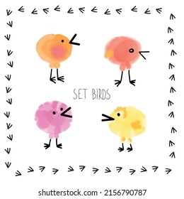 Set of handpainted watercolor vector fun birds.Design element for children plays, spring congratulation card. Perfect elements for save the date card. Unique artwork for your design.