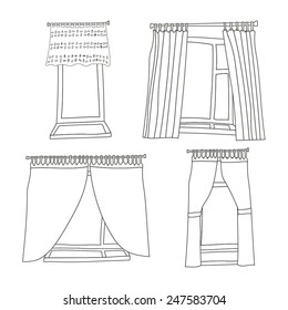 Set of hand-painted windows with curtains. Editable vector illustration.