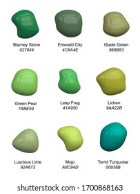 Set of handpicked emerald green paint tones - vector palette of drops of bright verdant shades for interior or craft with names and Hex numbers
