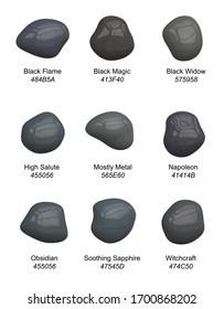 Conjunto de tintes de pintura grises o negras escogidos a mano - paleta vectorial de gotas de tonos oscuros para inspiración, interior o artesanía con nombres y códigos hexagonales
