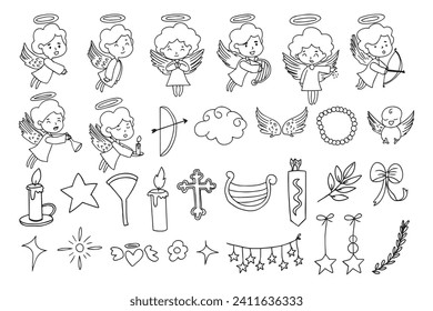 set of handrawn adorable cute angle isolated on white background