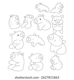Conjunto de desenhos animados de capivaras de cor preta desenhados à mão