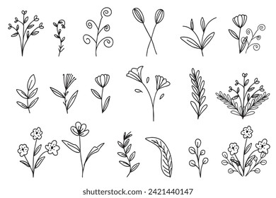 handgezogenes botanisches Blatt. Handgezeichnete Hochzeitskraut, elegante Wildblumen. Minimale Zeichnung der Linie für den Druck, 