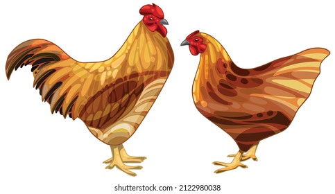 Set of han-drawn chickens. The breeds of Lincolnshire buff