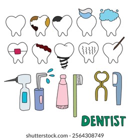set of handrawn dentist doodles element