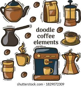 set of han-drawn doodle coffee elements