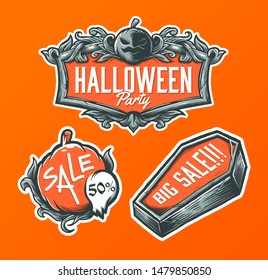 Set of handrawn Halloween badge coffin badge jack o lantern badge ornament