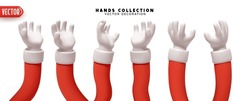 Set Of Hands 3d Realistic Design. Collection Of Cartoon Santa Claus Red Sleeves And White Gloves On Hands Palm Up Vector Illustration