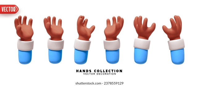 Conjunto de manos 3d diseño realista. Colección de manos de dibujos animados palmup Ilustración vectorial