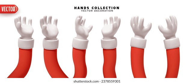 Set of hands 3d realistic design. Collection of cartoon Santa Claus red sleeves and white gloves on hands palm up Vector illustration