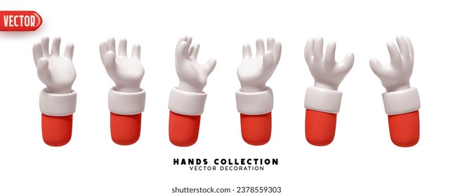 Set of hands 3d realistic design. Collection of cartoon Santa Claus red sleeves and white gloves on hands palm up Vector illustration