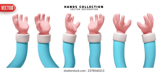 Set of hands 3d realistic design. Collection of cartoon hands palm up Vector illustration