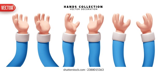 Set of hands 3d realistic design. Collection of cartoon Santa Claus blue sleeves, hands palm up Vector illustration