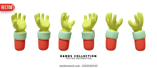 Conjunto de manos de diseño realista 3d. Colección de manos de estilo de dibujos animados 3D en diferentes gestos. Ilustración vectorial
