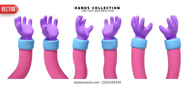 Conjunto de mãos 3d design realista. Coleção de mãos estilo desenho 3D em gestos diferentes. Ilustração vetorial