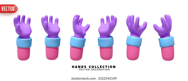 Conjunto de manos de diseño realista 3d. Colección de manos de estilo de dibujos animados 3D en diferentes gestos. Ilustración vectorial