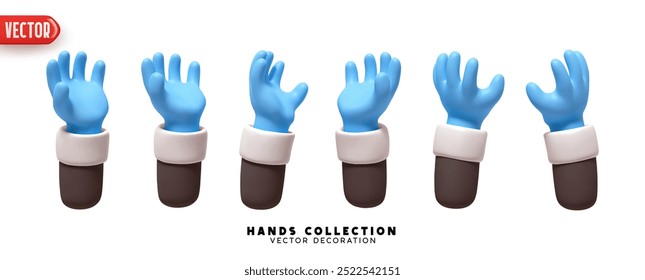 Set of hands 3d realistic design. Collection of 3D cartoon style hands in different gestures. Vector illustration