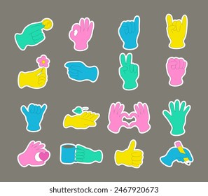 Set of hands abstract drawn comic. Multicolored different signs and symbols. Retro trendy Y2K.  Sticker pack. Vector illustration