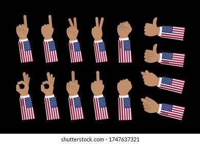 Set of hands with american flag in different gestures signs isolated on black background. Flat stock vector illustration