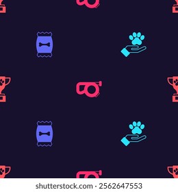 Set Hands with animals footprint, Bag of food for pet, Retractable cord leash and Pet award on seamless pattern. Vector