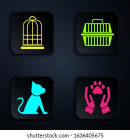 Set Hands with animals footprint, Cage for birds, Cat and Pet carry case. Black square button. Vector