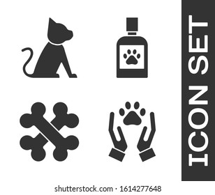 Set Hands with animals footprint, Cat, Crossed bones and Dog medicine bottle icon. Vector