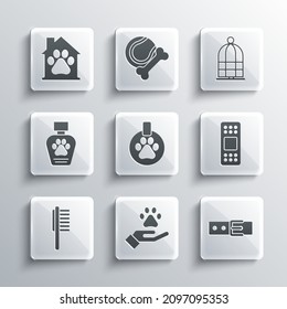 Set Hands with animals footprint, Collar name tag, Bandage plaster, Pets vial medical, shampoo, house and Cage for birds icon. Vector