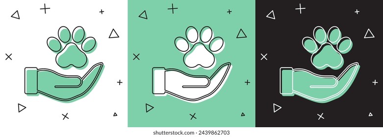 Set Hands with animals footprint icon isolated on white and green, black background. Pet paw in heart. Love to the animals.  Vector