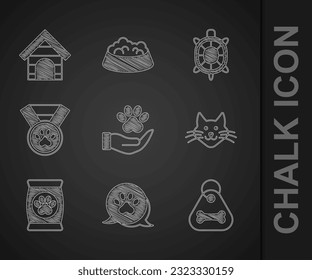 Set Hands with animals footprint, Paw, Dog collar bone, Cat, Bag of food for pet, Pet award symbol, Turtle and house icon. Vector