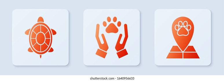 Set Hands with animals footprint, Turtle and Map pointer with veterinary medicine hospital. White square button. Vector