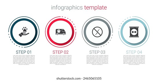 Set Hands with animals footprint, Veterinary ambulance, Anti worms parasite and Canned food. Business infographic template. Vector