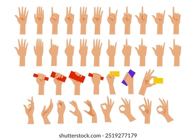 Set of hands and arms expressions in flat cartoon design. A variety of hand gestures displayed in multiple lines, including sign actions and holding objects in various poses. Vector illustration.