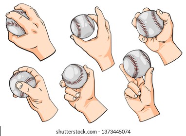 Set of hands with balls for baseball, vector hand drawn sketch illustration isolated on white background