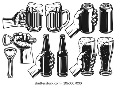 Set of hands with beer in monochrome style. Vintage vector illustration.